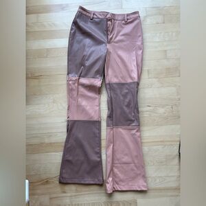 Brave Soul Two-Tone Patchwork Faux Leather Flare Pants in Mauve and Dusty Rose